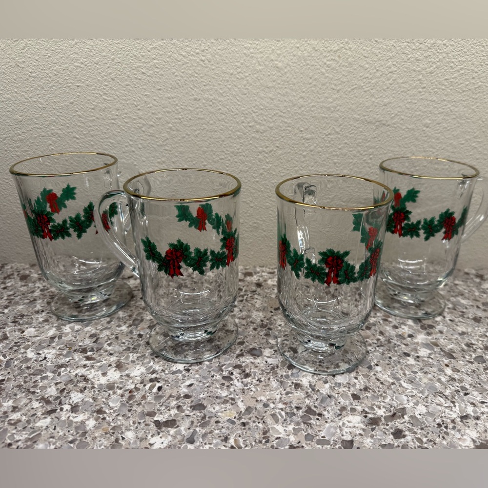Libbey Vintage Glass Irish Coffee Eggnog Mugs‎ set of 4 ribbon berry wreath